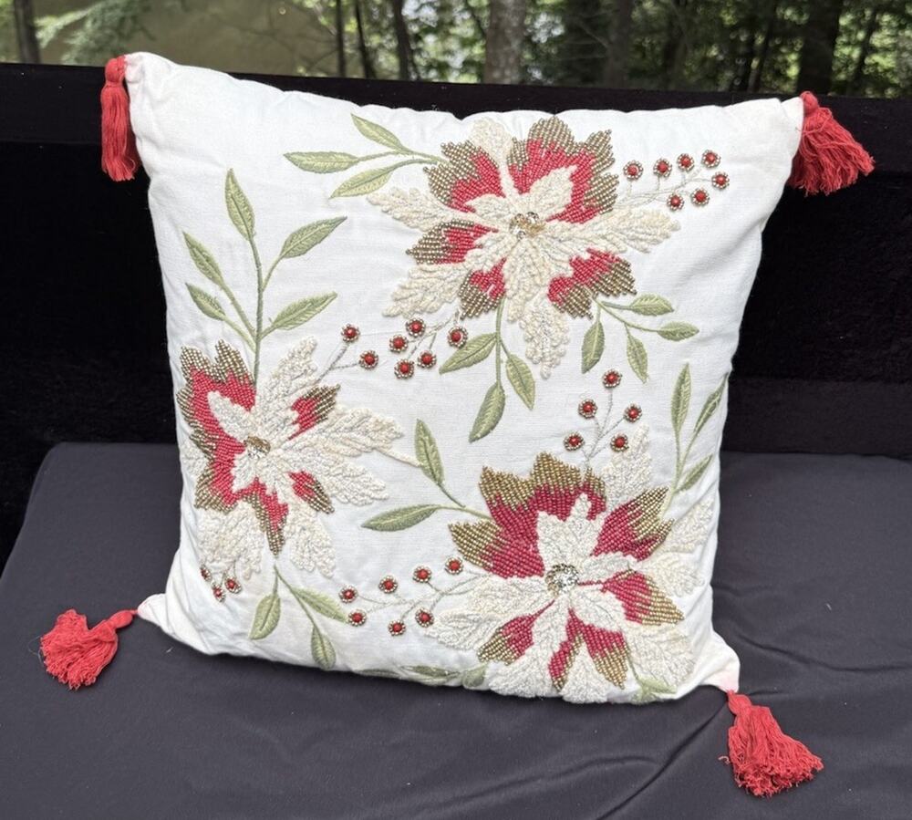 Pier 1 Imports Christmas Hand Beaded Poinsettia Pillow Pier One Holiday 17”